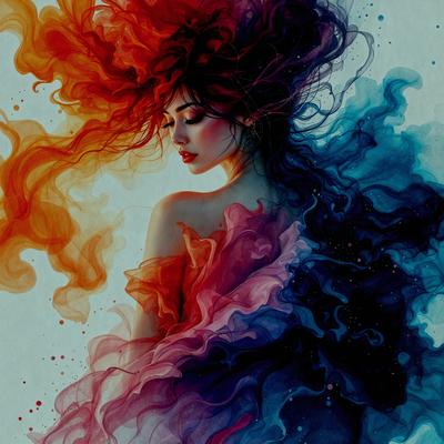 The primary subject of the image is a woman with long, flowing hair. She is wearing a dress and has a pink and purple color scheme. The setting is a colorful, artistic background that complements the woman's appearance. The visual style is a combination of digital art and illustration, creating a vibrant and dynamic scene. The colors and mood of the image are lively and energetic, with the woman's hair and dress adding a sense of movement and grace to the composition.